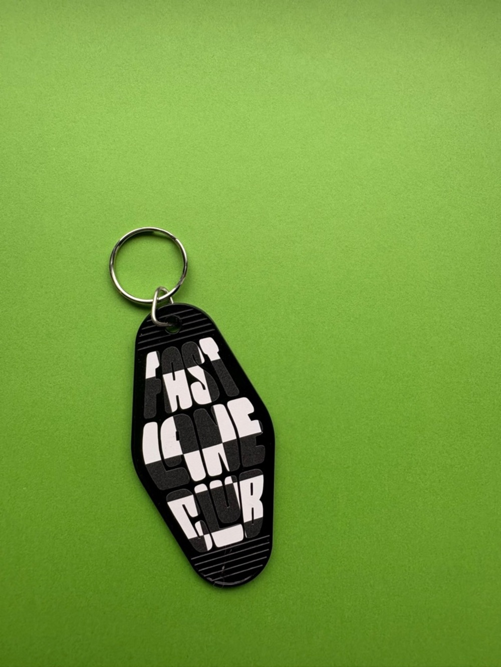 Hand made Black Retro Motel Keychain with White Typography